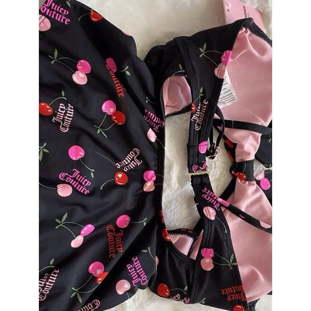 Juicy‎ Couture Ruffle Cut Out Swimsuit One Piece Lined Cherry Logo Size M NEW